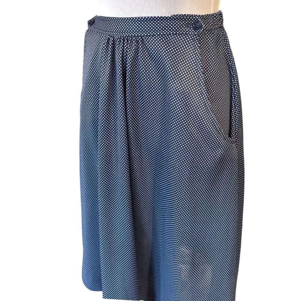 Vintage 70s 80s 2 pc navy‎ blue white micro polka dot blouse and skirt set sz S